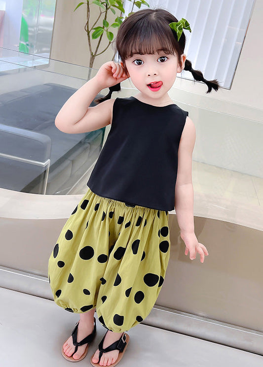 Classy Black O-Neck Print Girls Top And Crop Pants Two Piece Set Summer LY6454 - fabuloryshop