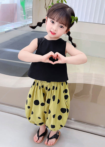 Classy Black O-Neck Print Girls Top And Crop Pants Two Piece Set Summer LY6454 - fabuloryshop