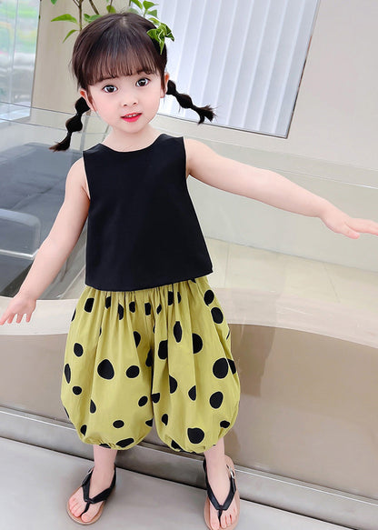 Classy Black O-Neck Print Girls Top And Crop Pants Two Piece Set Summer LY6454 - fabuloryshop