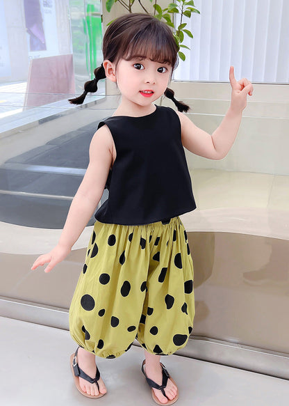 Classy Black O-Neck Print Girls Top And Crop Pants Two Piece Set Summer LY6454 - fabuloryshop