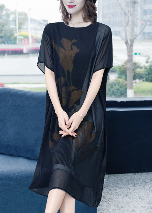Classy Black O Neck Print Patchwork Chiffon Dress Summer Ada Fashion