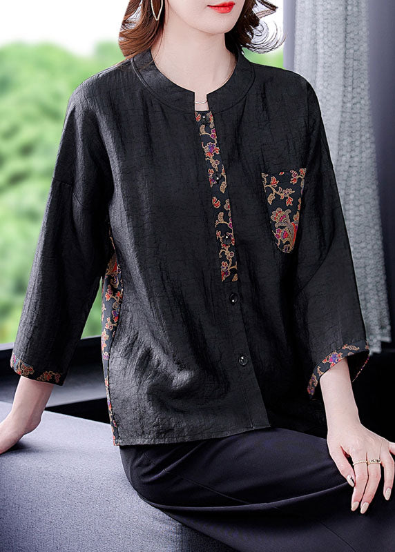 Classy Black O-Neck Print Patchwork Silk Shirt Spring LC0283 - fabuloryshop