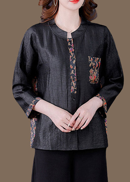 Classy Black O-Neck Print Patchwork Silk Shirt Spring LC0283 - fabuloryshop