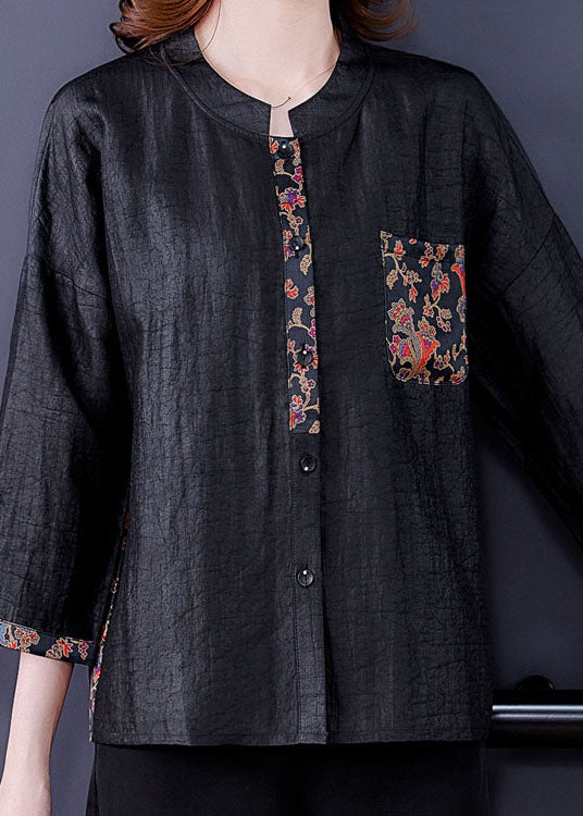 Classy Black O-Neck Print Patchwork Silk Shirt Spring LC0283 - fabuloryshop