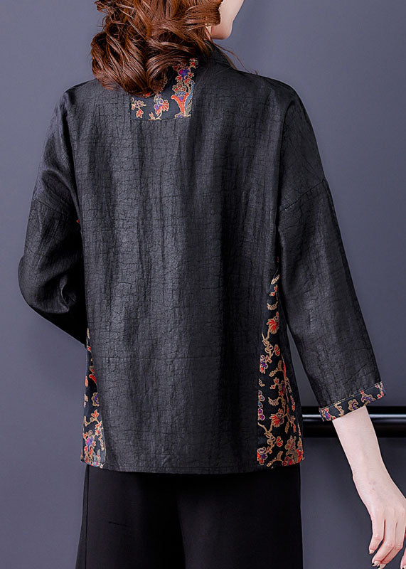 Classy Black O-Neck Print Patchwork Silk Shirt Spring LC0283 - fabuloryshop