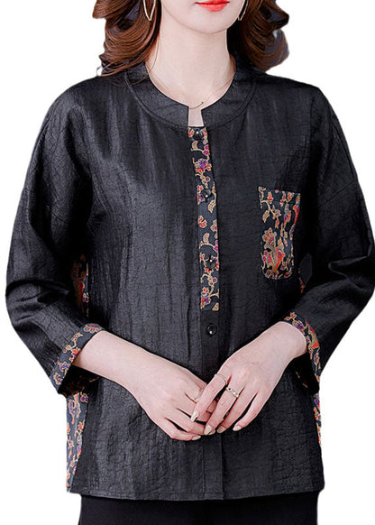 Classy Black O-Neck Print Patchwork Silk Shirt Spring LC0283 - fabuloryshop