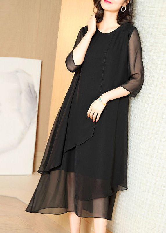 Classy Black O-Neck Tulle Patchwork Chiffon Maxi Dress Summer TI1050 - fabuloryshop