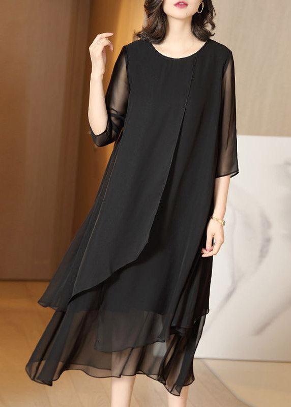 Classy Black O-Neck Tulle Patchwork Chiffon Maxi Dress Summer TI1050 - fabuloryshop