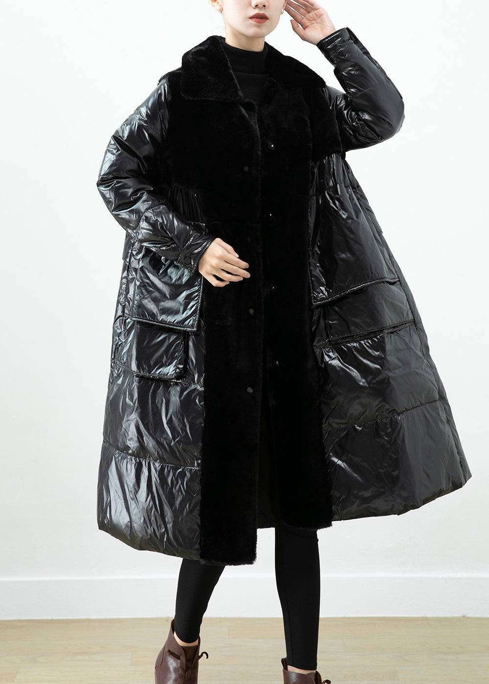 Classy Black Oversized Patchwork Mink Velvet Duck Down Down Jacket Winter Ada Fashion