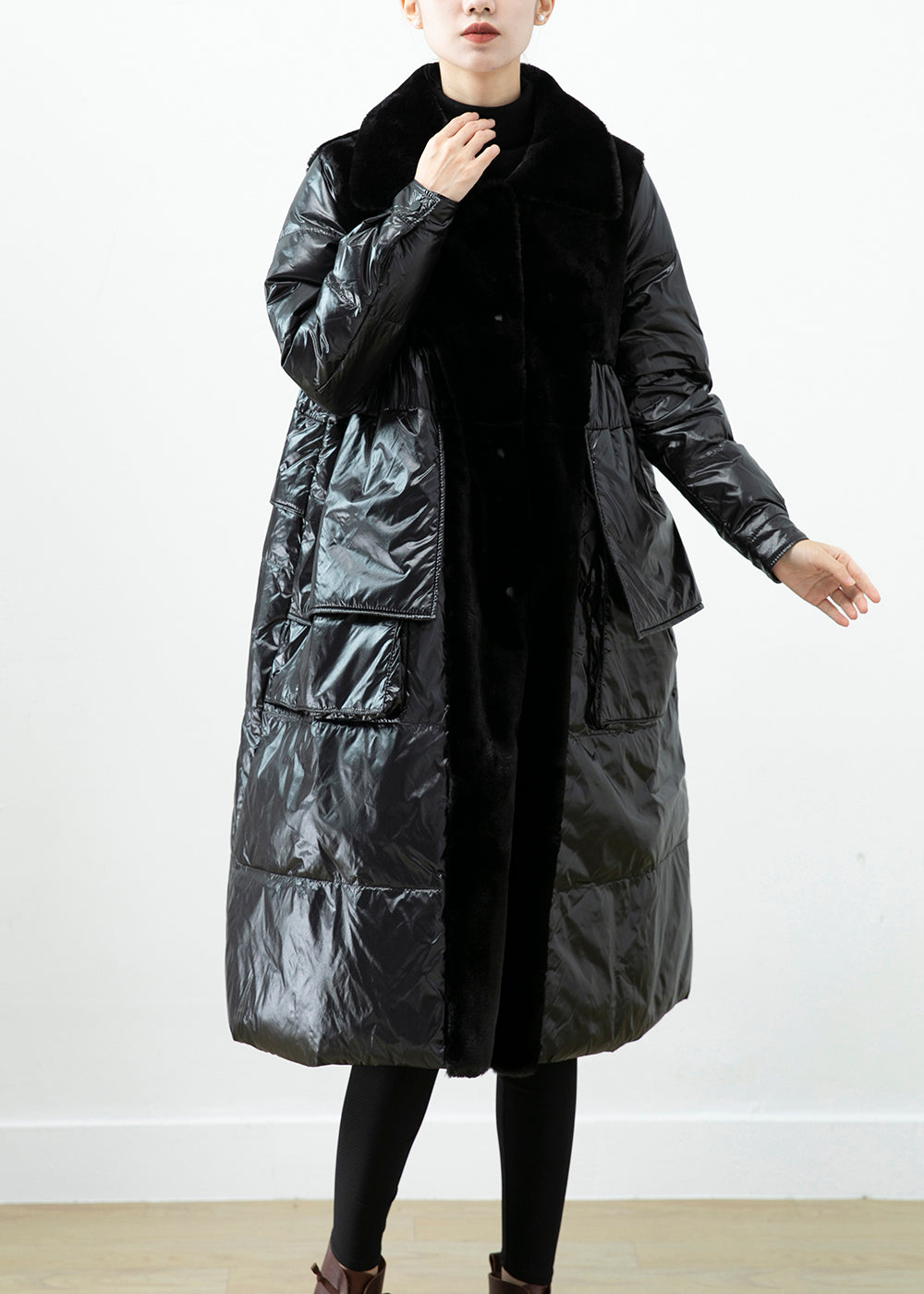 Classy Black Oversized Patchwork Mink Velvet Duck Down Down Jacket Winter Ada Fashion