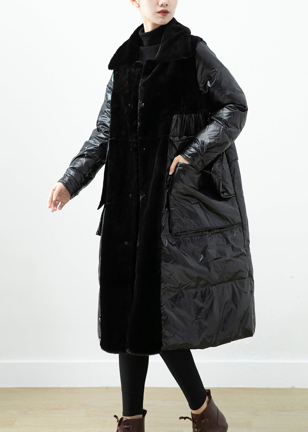 Classy Black Oversized Patchwork Mink Velvet Duck Down Down Jacket Winter Ada Fashion