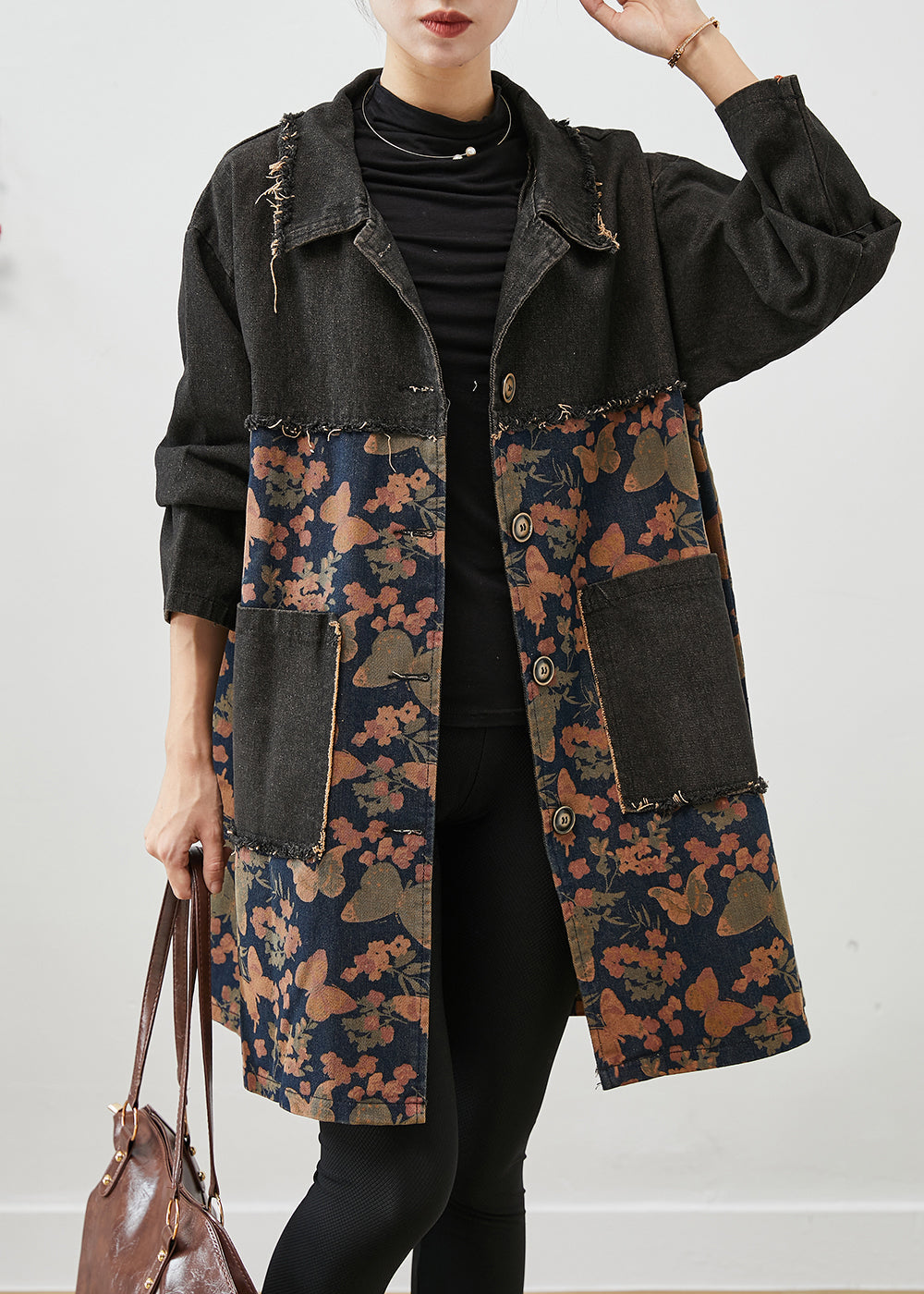 Classy Black Oversized Patchwork Print Denim Coats Fall Ada Fashion