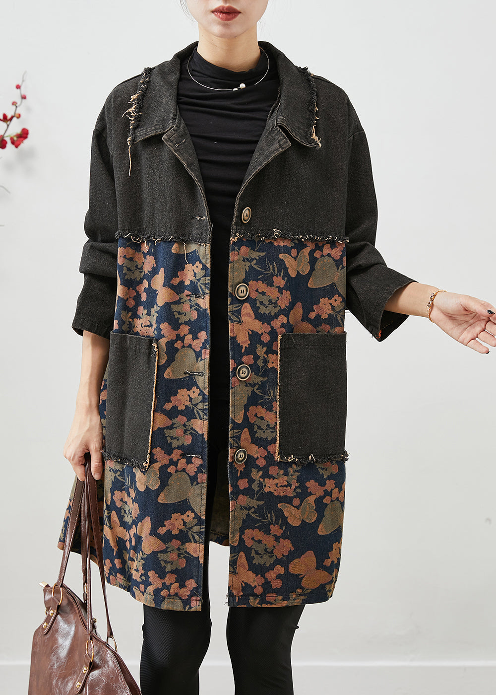 Classy Black Oversized Patchwork Print Denim Coats Fall Ada Fashion
