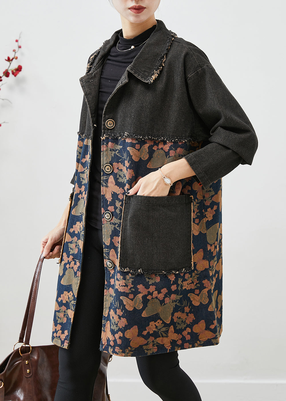 Classy Black Oversized Patchwork Print Denim Coats Fall Ada Fashion