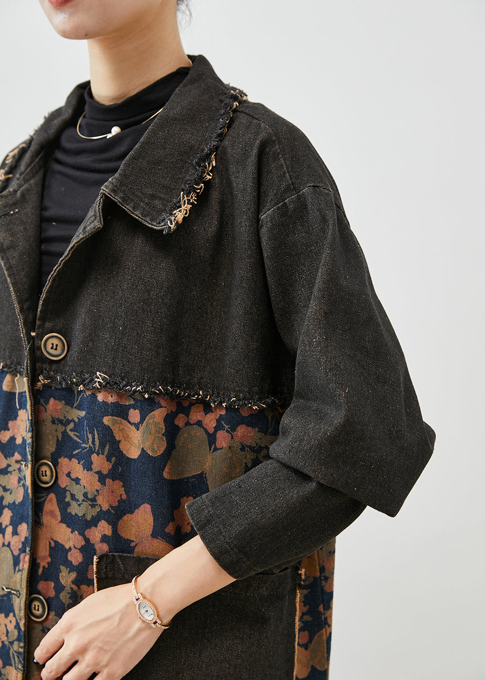 Classy Black Oversized Patchwork Print Denim Coats Fall Ada Fashion