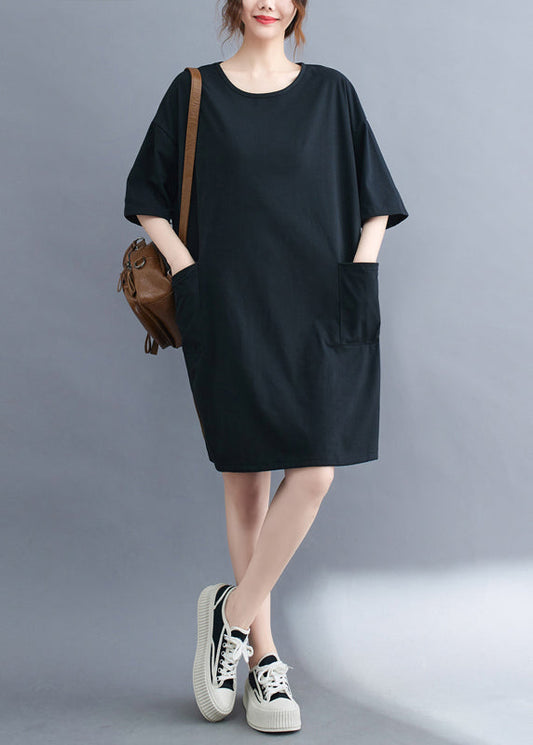 Classy Black Oversized Pockets Cotton Mid Dress Summer LY7315 - fabuloryshop