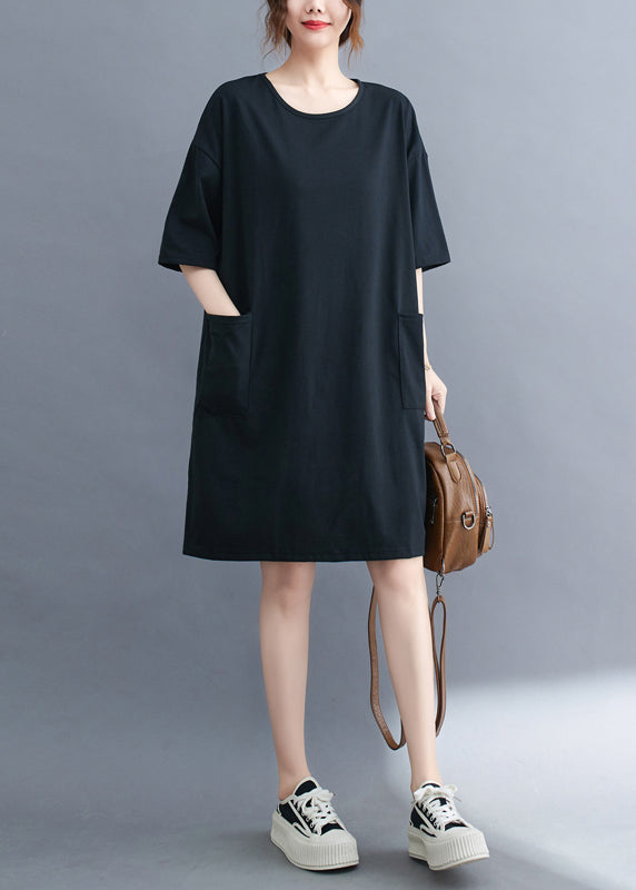 Classy Black Oversized Pockets Cotton Mid Dress Summer LY7315 - fabuloryshop