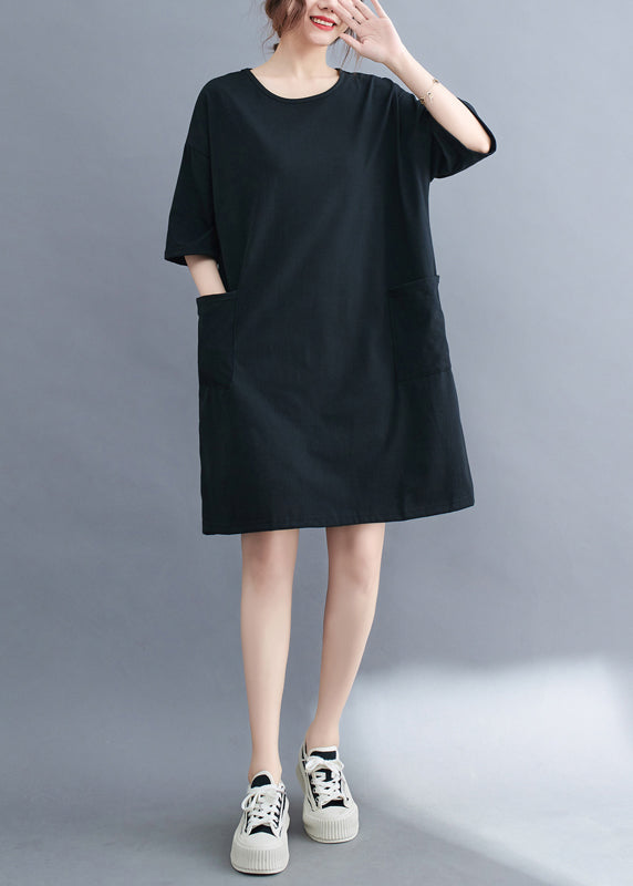 Classy Black Oversized Pockets Cotton Mid Dress Summer LY7315 - fabuloryshop
