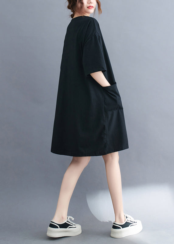 Classy Black Oversized Pockets Cotton Mid Dress Summer LY7315 - fabuloryshop
