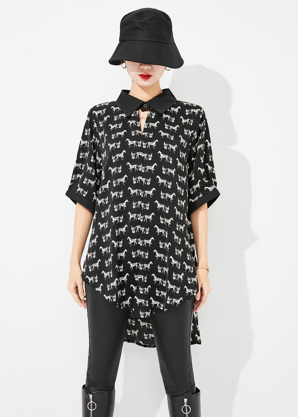 Classy Black Oversized Print Low High Design Chiffon Long Shirt Half Sleeve LY0824 - fabuloryshop