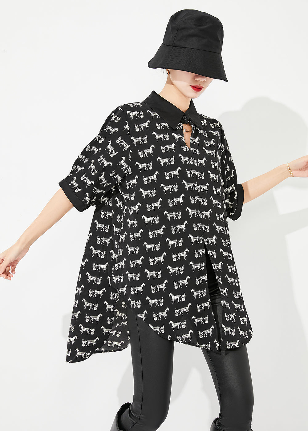 Classy Black Oversized Print Low High Design Chiffon Long Shirt Half Sleeve LY0824 - fabuloryshop