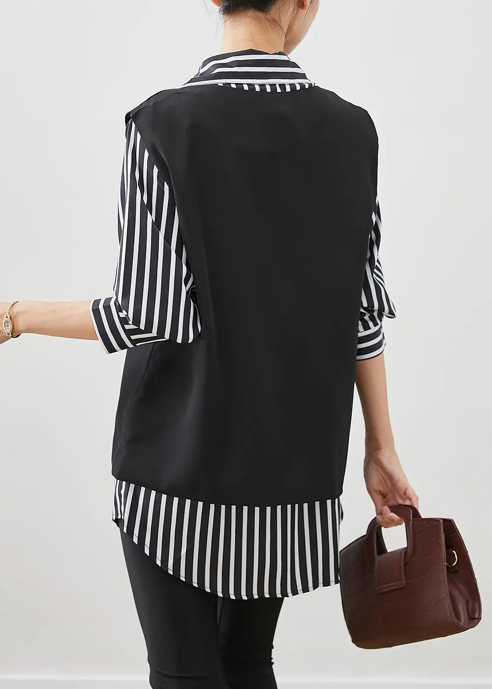 Classy Black Oversized Striped Cotton Vest And Shirt Two Piece Set Fall Ada Fashion