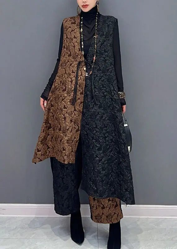 Classy Black Patchwork Brown V Neck Waistcoat And Wide Leg Pants Two Pieces Set Fall Ada Fashion