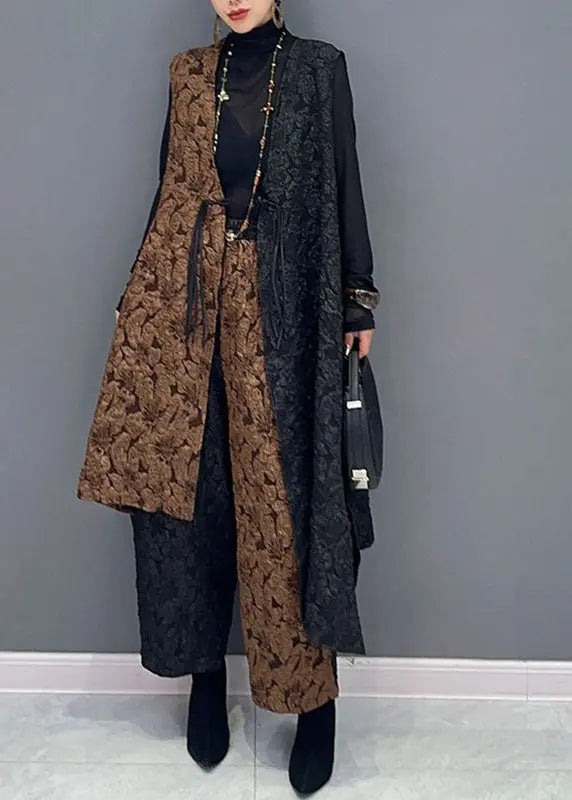 Classy Black Patchwork Brown V Neck Waistcoat And Wide Leg Pants Two Pieces Set Fall Ada Fashion