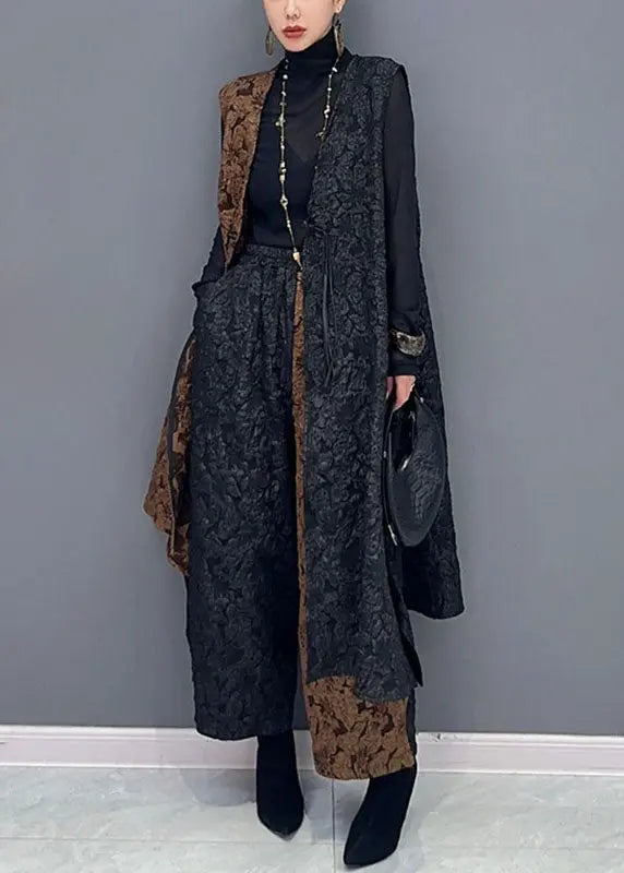 Classy Black Patchwork Brown V Neck Waistcoat And Wide Leg Pants Two Pieces Set Fall Ada Fashion