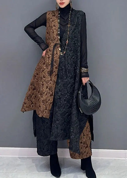 Classy Black Patchwork Brown V Neck Waistcoat And Wide Leg Pants Two Pieces Set Fall Ada Fashion