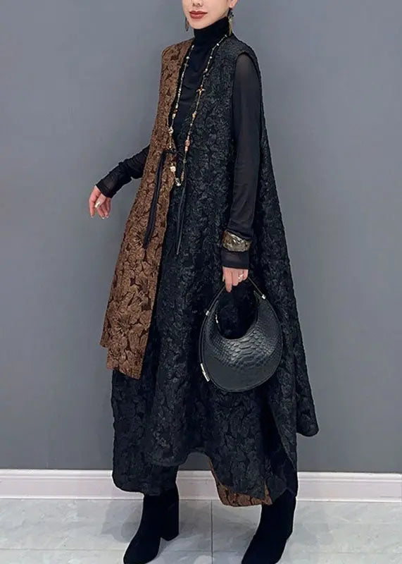 Classy Black Patchwork Brown V Neck Waistcoat And Wide Leg Pants Two Pieces Set Fall Ada Fashion