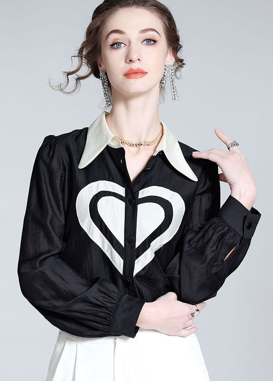 Classy Black Peter Pan Collar Heart Patchwork Silk Top Spring LY1060 - fabuloryshop