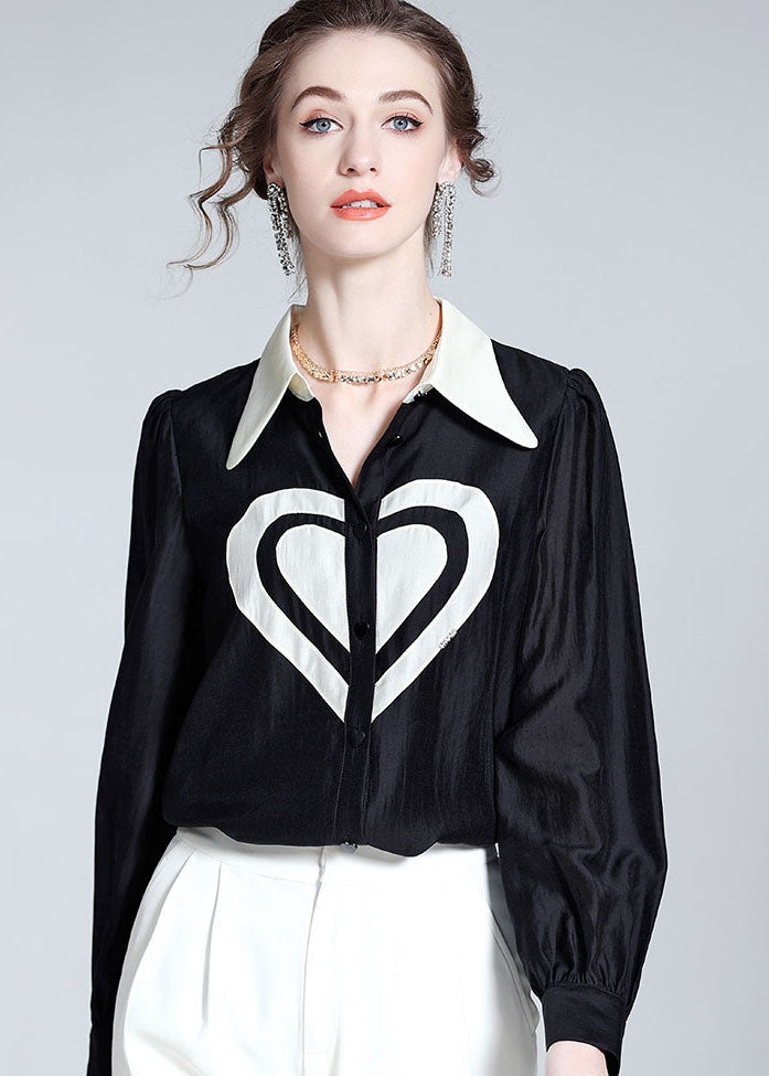 Classy Black Peter Pan Collar Heart Patchwork Silk Top Spring LY1060 - fabuloryshop