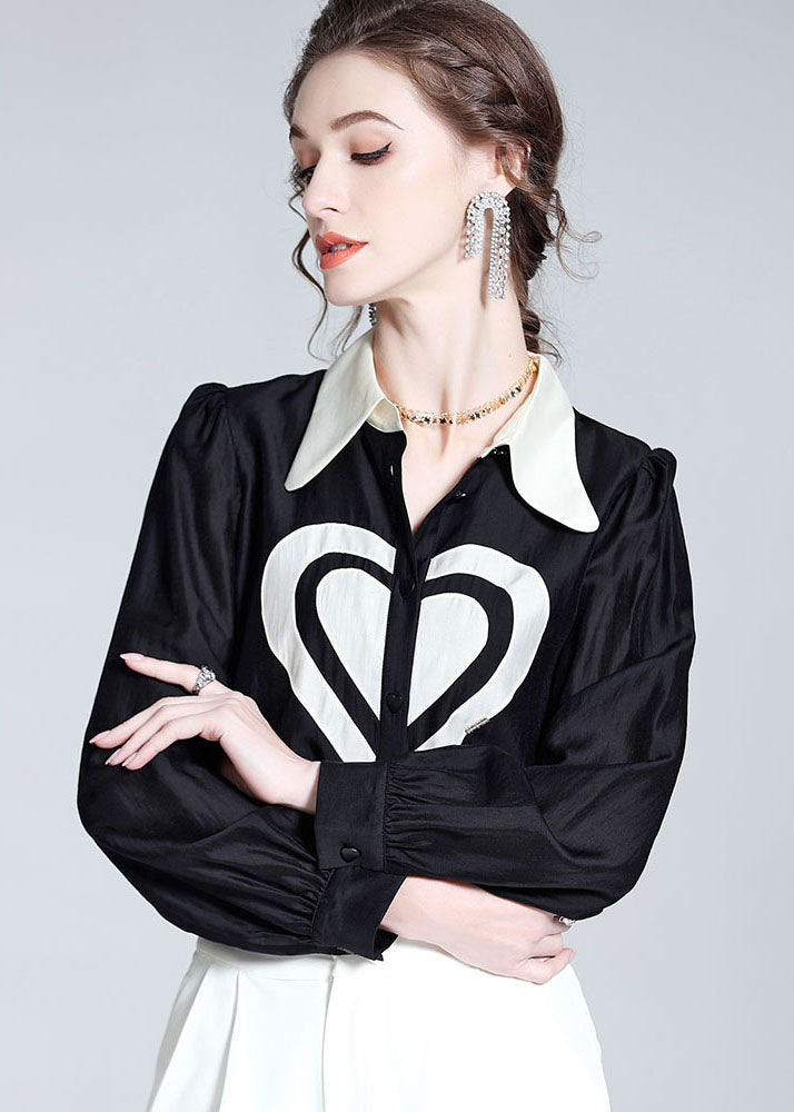 Classy Black Peter Pan Collar Heart Patchwork Silk Top Spring LY1060 - fabuloryshop