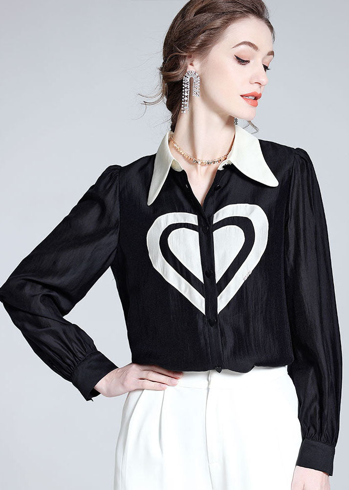 Classy Black Peter Pan Collar Heart Patchwork Silk Top Spring LY1060 - fabuloryshop