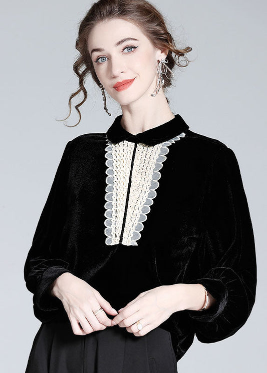 Classy Black Peter Pan Collar Lace Patchwork Silk Velour Top Spring LY0994 - fabuloryshop