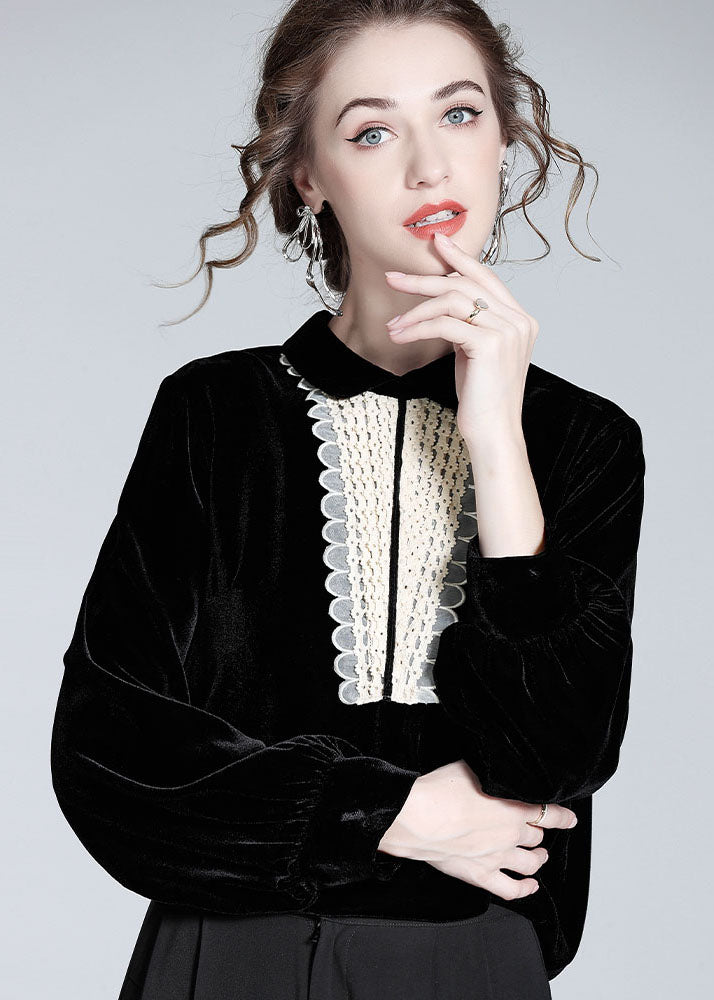 Classy Black Peter Pan Collar Lace Patchwork Silk Velour Top Spring LY0994 - fabuloryshop