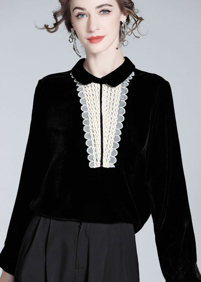 Classy Black Peter Pan Collar Lace Patchwork Silk Velour Top Spring LY0994 - fabuloryshop