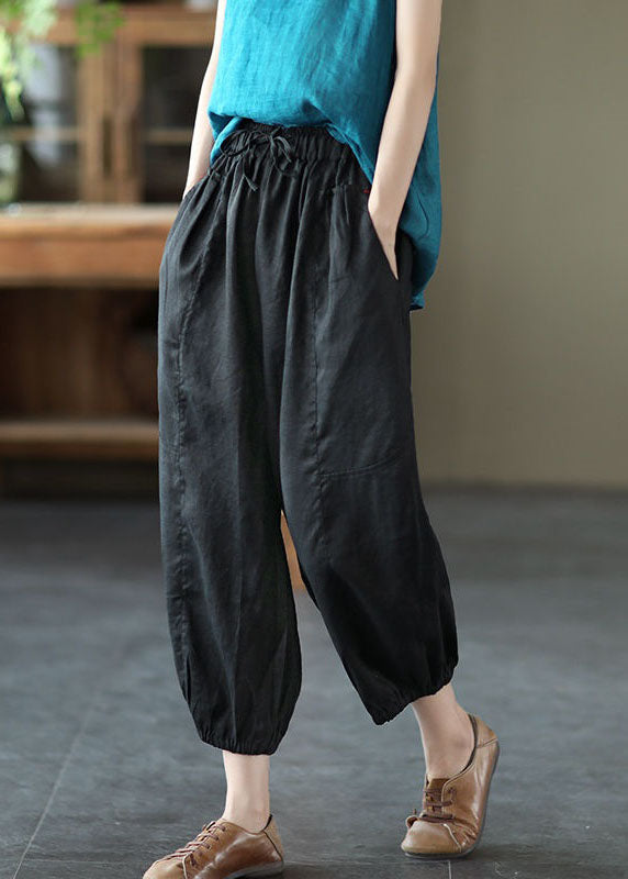 Classy Black Pockets Patchwork Linen Harem Pants Summer LY0608 - fabuloryshop