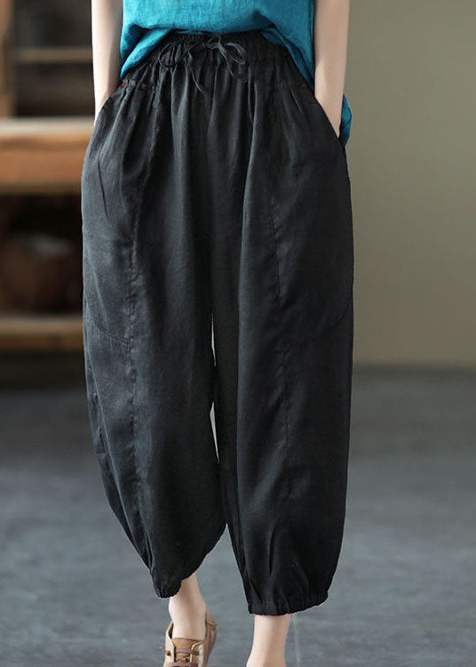 Classy Black Pockets Patchwork Linen Harem Pants Summer LY0608