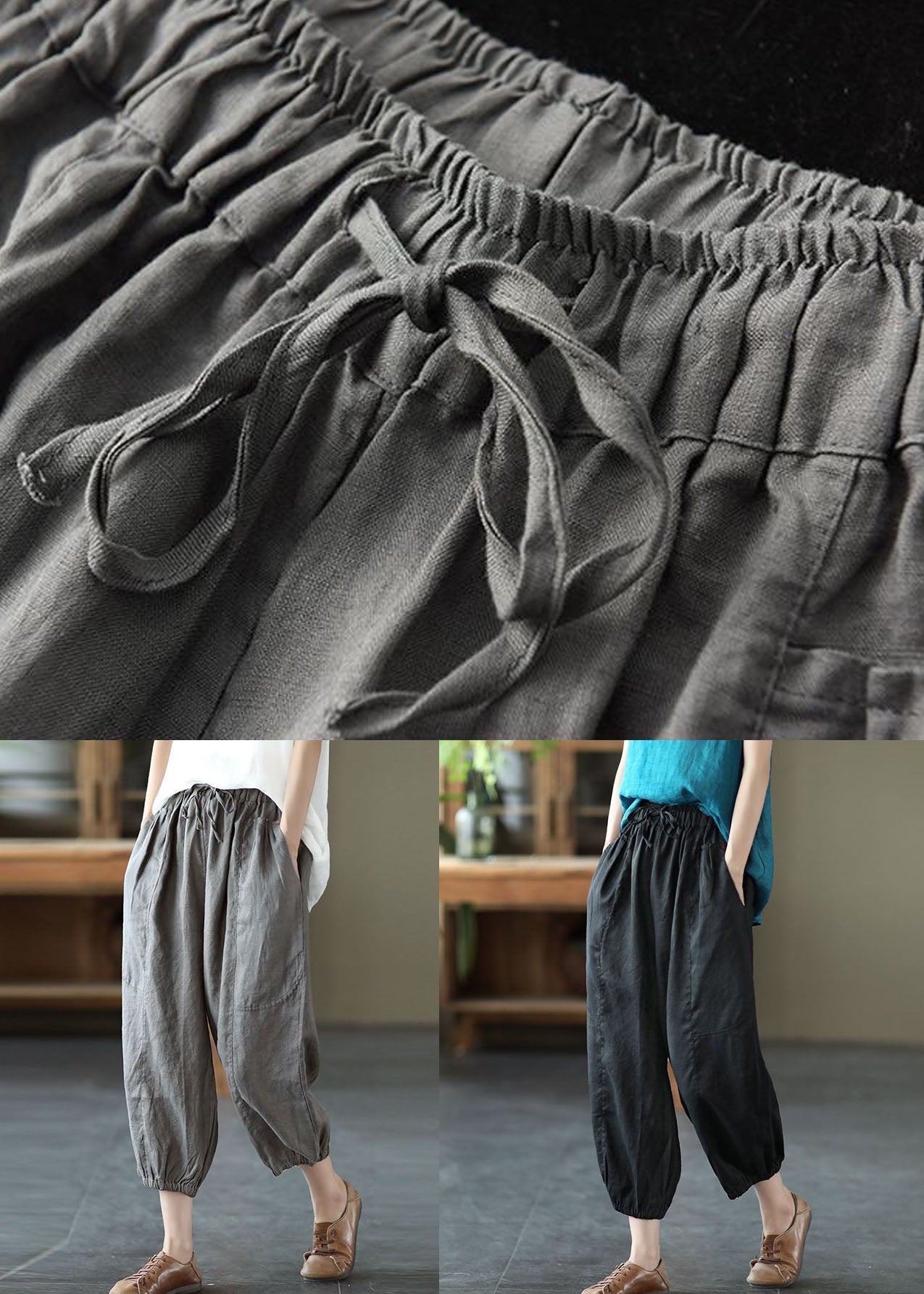 Classy Black Pockets Patchwork Linen Harem Pants Summer LY0608