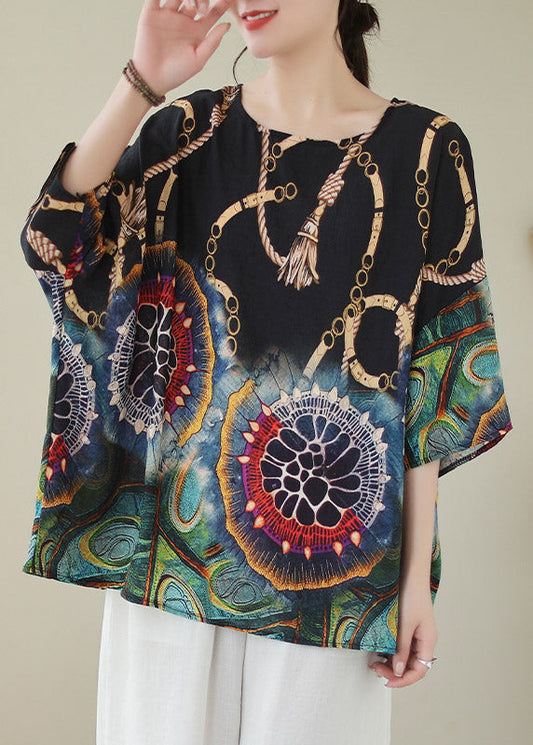 Classy Black Print Linen Top Summer LY4008 - fabuloryshop