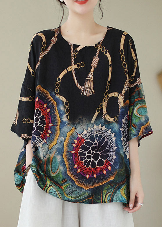 Classy Black Print Linen Top Summer LY4008 - fabuloryshop