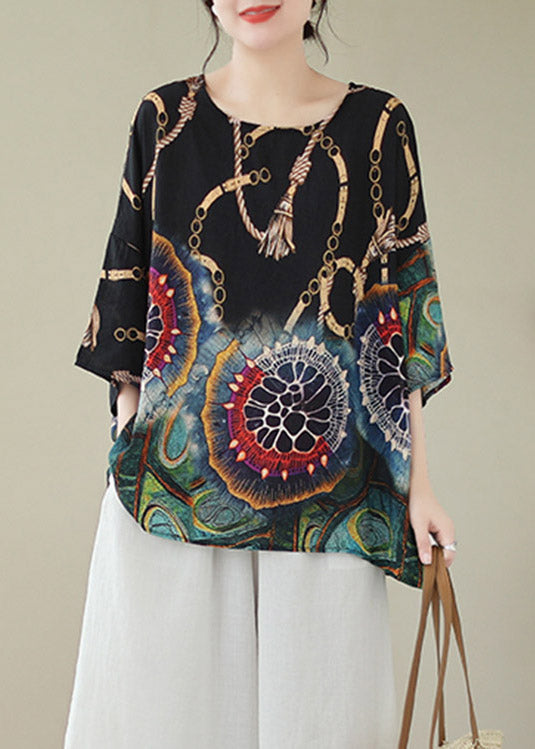 Classy Black Print Linen Top Summer LY4008 - fabuloryshop