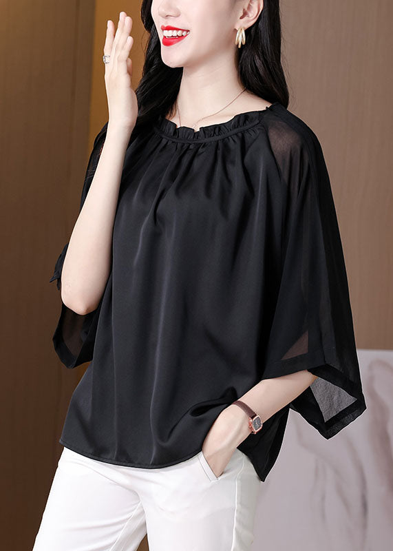 Classy Black Ruffled Patchwork Chiffon Shirts Bracelet Sleeve LY0430