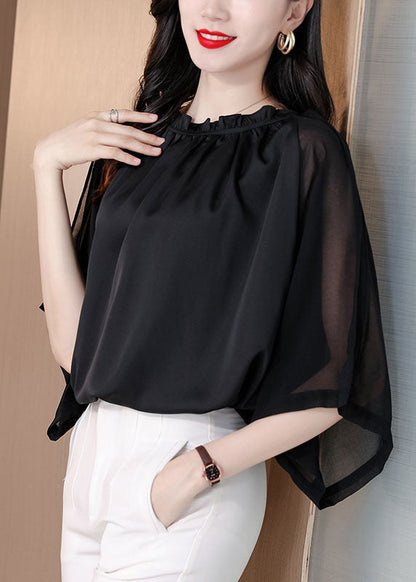 Classy Black Ruffled Patchwork Chiffon Shirts Bracelet Sleeve LY0430 - fabuloryshop