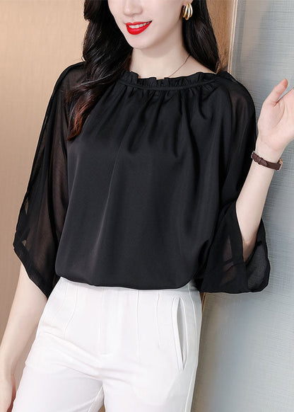 Classy Black Ruffled Patchwork Chiffon Shirts Bracelet Sleeve LY0430 - fabuloryshop