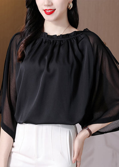 Classy Black Ruffled Patchwork Chiffon Shirts Bracelet Sleeve LY0430 - fabuloryshop