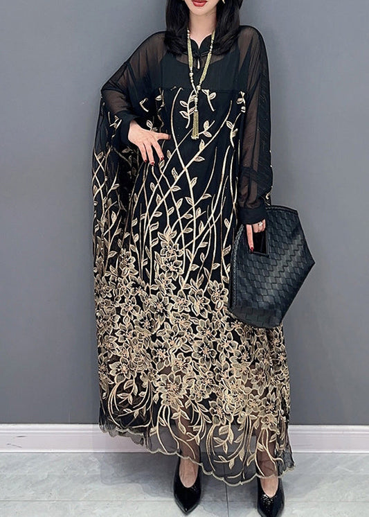 Classy Black Stand Collar Embroideried Button Tulle Maxi Dress Long Sleeve LC0357 - fabuloryshop