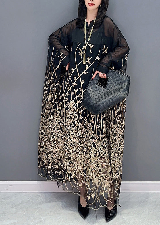 Classy Black Stand Collar Embroideried Button Tulle Maxi Dress Long Sleeve LC0357 - fabuloryshop